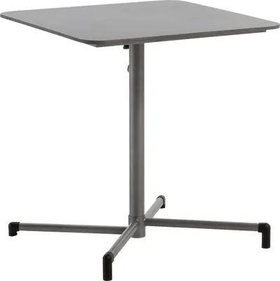 A gray square table with a metal base on a white background.