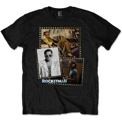 Imagen del producto de Camiseta uni negra de Elton John, diseño "Rocketman". Talla S
