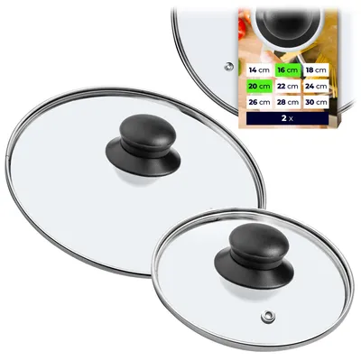 Two glass pot lids with black handles are shown, with an inset graphic displaying various sizes and a quantity indicator.
