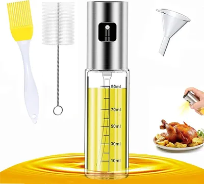 Produktbild von Ölsprüher 100ML Öl Sprühflasche, 4 in 1 Oil Sprayer, Essig spritzer Ölspender, Transparent Öl Sprayer, Olivenöl ölspray, Öl Auslöser Glasflasche mit Bürstefür Kochen, Salat, BBQ, Pasta