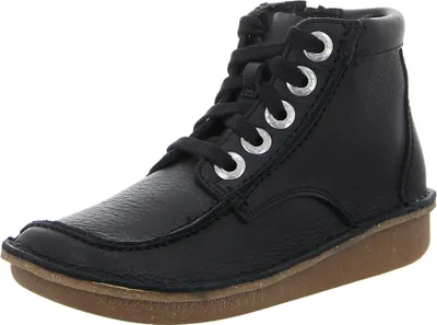 A black leather boot with laces and a brown sole, shown against a white background.