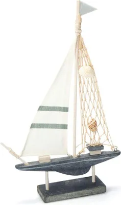 Image de Unyqoos® : Décoration maritime en bois représentant un voilier, orné de coquillages et équipé d'une voile en lin – 1 pièce, dimensions avec support : 23 x 5 x 35 cm, blanc/bleu, matériaux : bois, lin, feutre, plastique, jute