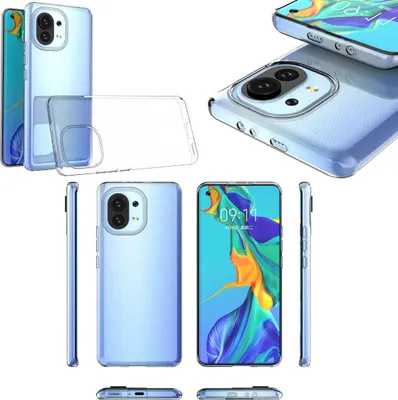 A collage of images showing a transparent phone case for a Xiaomi Mi 11 Lite, with different views of the case and the phone.