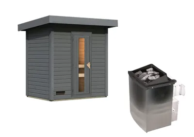 Produktbild von Karibu Saunahaus 38mm Melo 1 Ofen 9 kW integr. Strg terragrau