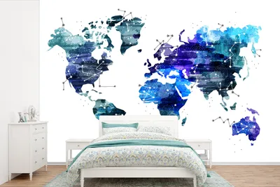 Produktbild von MuchoWow® Fototapete für Wohnzimmer oder Schlafzimmer Wandtapete Vinyl Motivtapete Weltkarte - Blau - Sternenhimmel - Kinder - Jungen - Mädchen - 330x220 cm - Kindertapete - Fototapeten