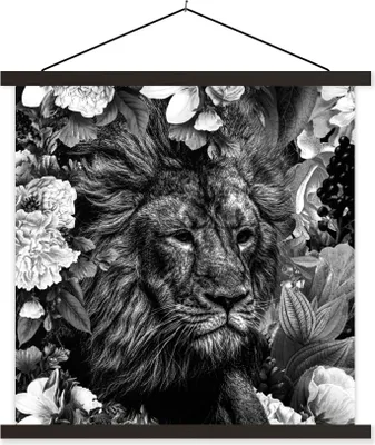 Produktbild von MuchoWow® Textilposter Löwe - Blumen - Blatt - Schwarz - Weiß 120x120 cm mit schwarzem Rahmen - Aufhängungsset