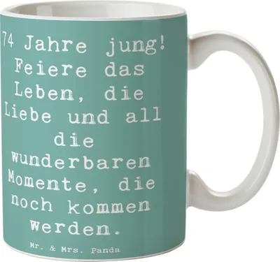 Produktbild von Mr. & Mrs. Panda Kaffeebecher Spruch 74. Geburtstag Freude - Meeresbrise - Geschenk, Kaffeetasse, Glückwunsch, Geburtstagsfeier, Becher, bedruckt, Teetasse, Glückwünsche