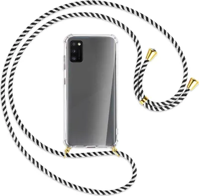 Produktbild von Handykette Backcover-Schutzhülle mit Band (Metall goldfarben) für Samsung Galaxy A41 (A415) - schwarz/weiß gestreift