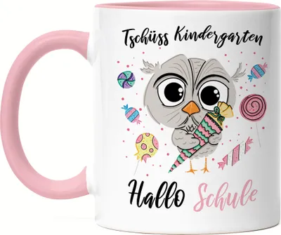 Produktbild von Tschüss Kindergarten Hallo Schule Tasse Rosa Einschulung Grundschule Süßes Eulen-Motiv