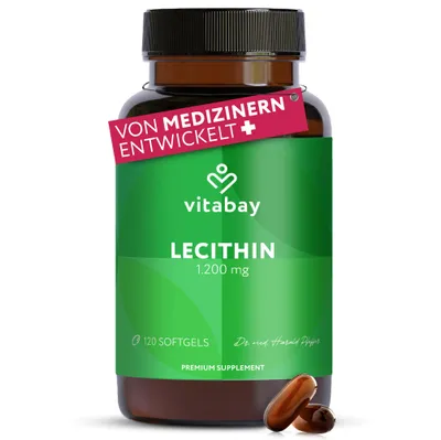 Produktbild von Vitabay Lecithin 1.200 mg – 120 vegane Softgels – mit Phosphatidylcholin aus Soja & Vitamin E – ohne Gluten, Laktose & Gentechnik