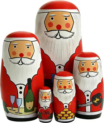 Productafbeelding van Russische poppen van hout - Set van 5 - Afbeelding van de kerstman en zijn witte baard - Ideaal voor Kerstmis