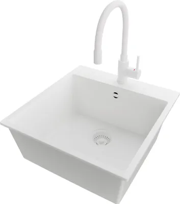 Produktbild von PRIMAGRAN Granitspüle Alles Weiß 48x50cm, Spülbecken 1 Becken + Küchenarmatur 38x14cm + Ablauf-Set, Küchenspüle ab 50er Unterschrank - Riga