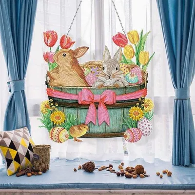 Immagine prodotto di Set fai da te per pittura con strass a tema conigli e fiori - Decorazione da parete per Pasqua - Kit con strass e cristalli a forma di coniglio.