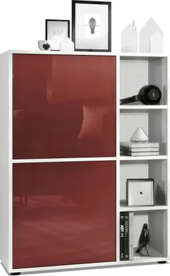 A white highboard cabinet with bordeaux high-gloss fronts and open shelves on the right side, decorated with various items.