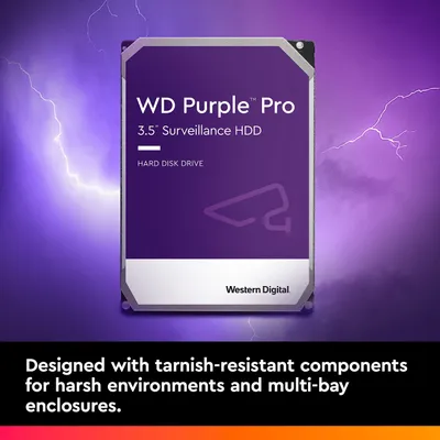 A Western Digital hard drive with lightning in the background.