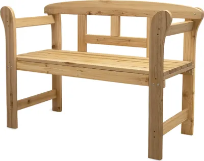 A wooden garden bench shown from the front on a white background.