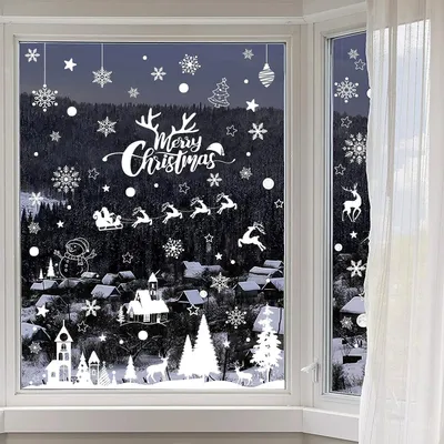 Productafbeelding van Kerststickerset - 148 stuks - Vrolijke kerstdecoratie - met sneeuwvlokken, rendieren en kerstbomen - eenvoudig aan te brengen en herbruikbaar