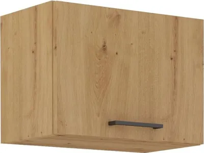 A single kitchen cabinet with a wooden texture and a dark handle.