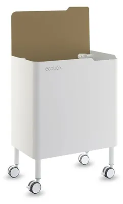 A white trash can with a brown lid insert and wheels.