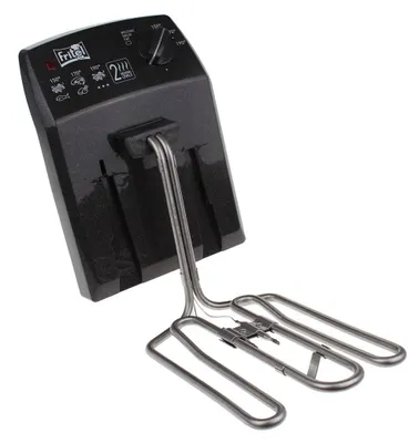 A black deep fryer heating element with a silver basket, shown at an angle against a white background.