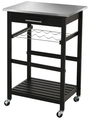 Produktbild von Servierwagen, Kš¹chenwagen, Rolltisch mit Flaschenablage, 60 x 40 x 85 cm (L x B x H), Edelstahlplatte. Schwarz.