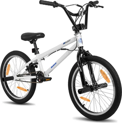 Produktbild von Hiland 20 Zoll Kinder BMX Fahrrad für Jungen Mädchen, 360 Grad Rotor Freestyle, 4 Pegs Single Speed Kinder BMX Fahrrad,Doppel-U-Bremse, Weiß