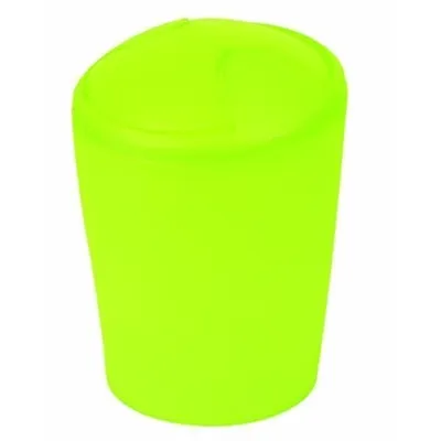 A bright green trash can with a swing lid.