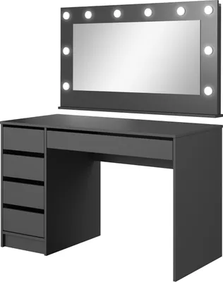 Produktbild von Schminktisch 120 cm mit Spiegel und LED-Beleuchtung – Anthrazit Schwarz, 5 Schubladen, Universell Links oder Rechts Montierbar – Frisiertisch für Schlafzimmer – CLARIS