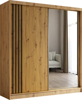 Produktbild von Masseno Schiebetürenschrank NELVIA 200 cm Kleiderschrank Schlafzimmer Schrank 2-türig mit Spiegel und Lamellen Eiche Artisan