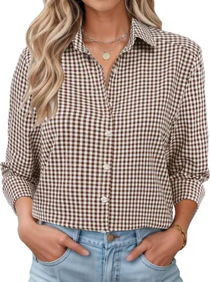 Productafbeelding van Dameshemdblouse met lange mouwen, V-hals en geruit patroon, casual