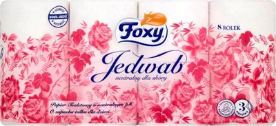 Packaging for Foxy Silk toilet paper with a floral design.