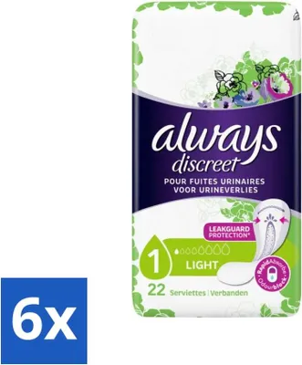 Immagine prodotto di Always Discreet – Assorbenti igienici – Protezione leggera – 22 assorbenti igienici – Confezione risparmio – 6 pezzi