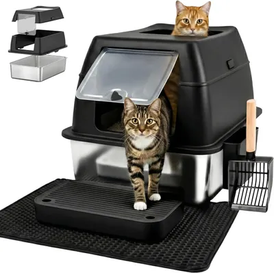 Produktbild von Katzenklo Edelstahl mit Deckel XXL – Geschlossene Katzentoilette mit 2 Eingängen, Trittstufe, Schaufel & Matte – Leicht zu Reinigen, Geruchshemmend, Cat Litter Box für große Katzen, Schwarz