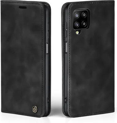 A black flip-style phone case shown from two angles.