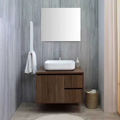 Produktbild von Möbelset für das Bad in dunkler Holzoptik mit Waschbecken und Spiegel | Siena