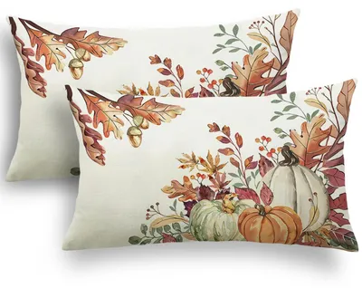 Productafbeelding van Kussensloop 30x50 cm, herfst, pompoen decoratie, set van 2, linnenmix