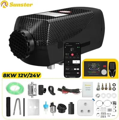 Image de Chauffage auxiliaire diesel - Chauffage à air 8 kW - 12 V/24 V - Application Bluetooth et écran LCD - Télécommande et minuterie - Réservoir de 10 l - Pour voiture, camion, camping-car - Orange