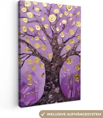 Produktbild von MuchoWow® - Leinwandbilder - Baum des Lebens - Baum - Lila - Gold - Modern, Wandbild, Wanddeko Bilder Wohnzimmer, 80x120 cm