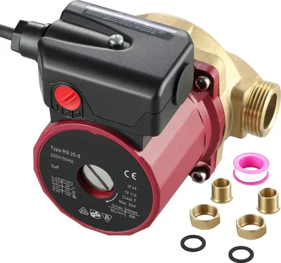 A close-up studio shot of a water circulation pump with accessories.