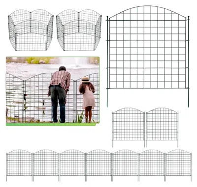 Produktbild von Teichzaun, Gartenzaun mit 10 Zaunelementen und 12 Befestigungsstäben, Metallsteckzaun, Gitterzaun Set für den Garten, Zaun für Hunde, Oberbogen
