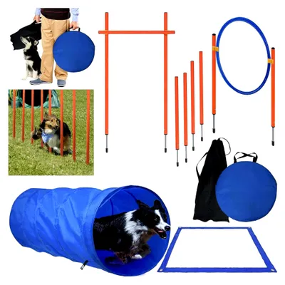 Produktbild von Agility-Set für Hunde mit Hundetunnel, höhenverstellbaren Hürden, Hindernissen, Sprungring und Stangen, inkl. Tragetasche für Hundesport, Indoor & Outdoor