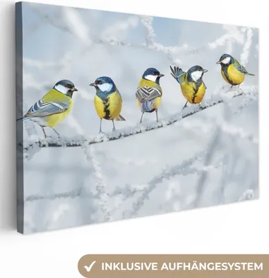 Produktbild von MuchoWow® - Leinwandbilder - Vogel - Kohlmeise - Winter - Schnee - Zweige, Wandbild, Wanddeko Bilder Wohnzimmer, 90x60 cm