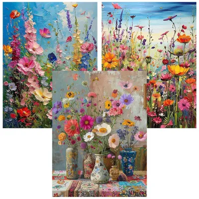 Zdjęcie produktu dla Zestaw do malowania diamentami, 3 sztuki, motyw kwiatowy, zestaw do rękodzieła, wymiary 30x40 cm