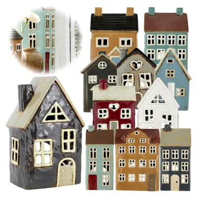Produktbild von Teelichthaus 19cm Blau Grau Keramik Fachwerkhaus