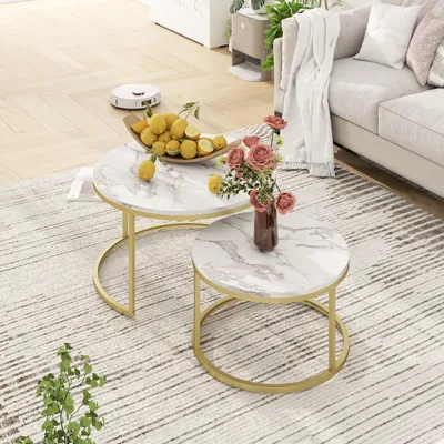 Productafbeelding van Salontafel Set van 2 - Witte bijzettafels met metalen frame