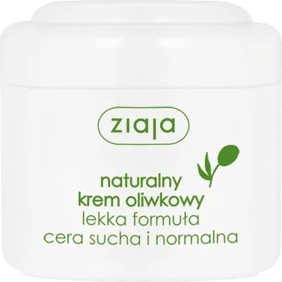 A white jar of Ziaja cream with green text and an olive illustration.
