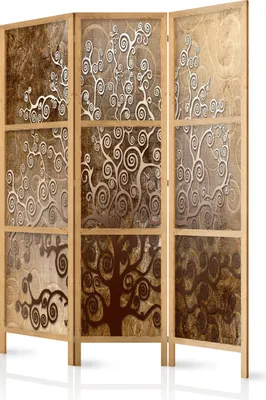 A three-panel room divider with an abstract tree design.
