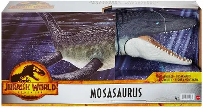 A toy Mosasaurus dinosaur in its packaging.