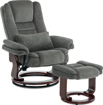 A gray fabric recliner chair with a matching ottoman, both on a wooden base.