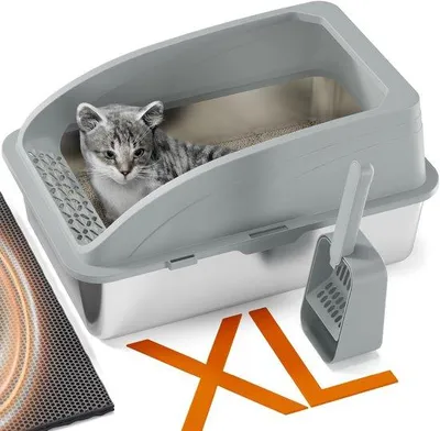 Image de Grande litière pour chat en acier inoxydable avec pelle et tapis, facile à nettoyer